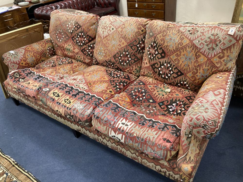 A George Smith kelim upholstered three seater settee, width 210cm depth 110cm height 88cm